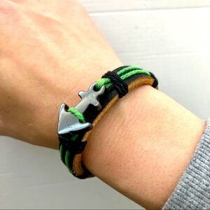 Nautical Leather and Cord Anchor Bracelet Green and Black
